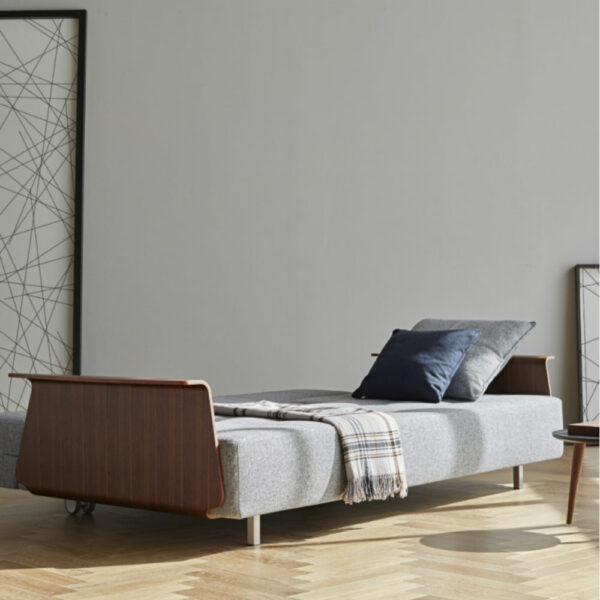 sofa lounge bed wooden armrests blue gray